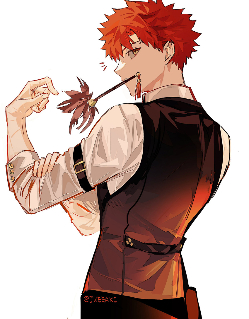 1boy absurdres alternate_costume artist_name black_pants black_vest eeju emiya_shirou fang fate/grand_order fate_(series) highres looking_at_viewer looking_back male_focus mouth_hold notice_lines object_request pants redhead senji_muramasa_(fate) shirt short_hair simple_background solo tassel twitter_username vest white_background white_shirt yellow_eyes