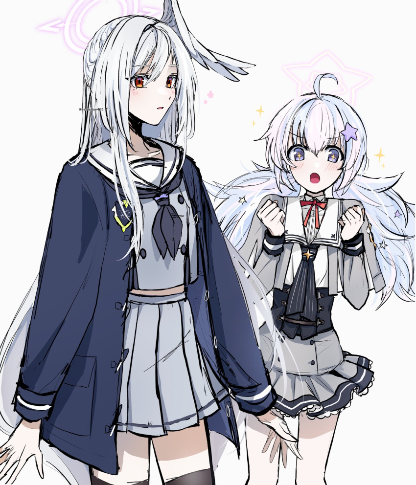 2girls ahoge black_neckerchief black_thighhighs blue_archive blush clenched_hands cosplay costume_switch grey_background grey_hair grey_skirt hair_ornament halo head_wings highres long_hair long_sleeves multicolored_hair multiple_girls neckerchief open_clothes open_mouth pasta_bar415 pink_hair pleated_skirt reisa_(blue_archive) reisa_(blue_archive)_(cosplay) sailor_collar school_uniform serafuku simple_background single_head_wing skirt sparkle star_(symbol) star_hair_ornament suzumi_(blue_archive) suzumi_(blue_archive)_(cosplay) thigh-highs twintails twitter_username very_long_hair white_sailor_collar wings