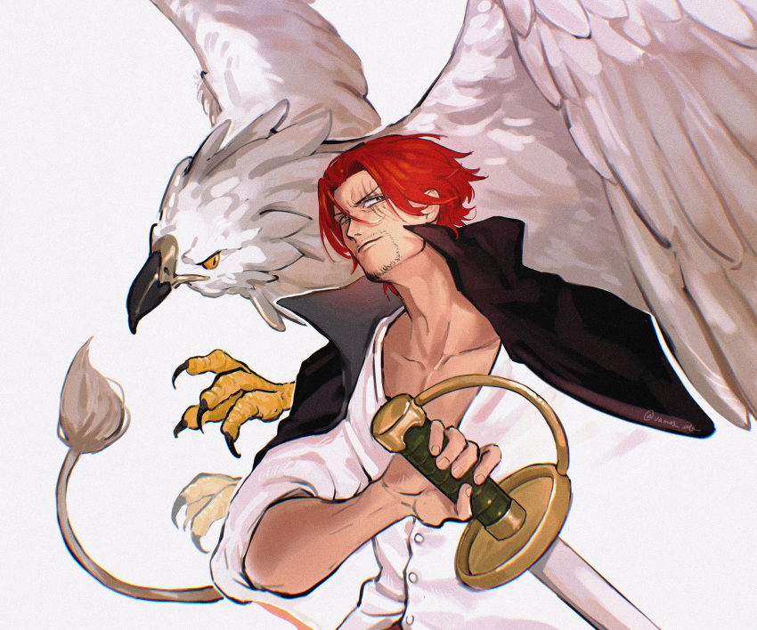 1boy absurdres beard_stubble black_cloak bright_pupils brown_eyes buttons cloak collarbone creature facial_hair griffin hair_intakes highres holding holding_sword holding_weapon lion_tail male_focus one_piece redhead saber_(weapon) shanks_(one_piece) shirt short_hair signature simple_background stubble sword tail talons vamos_mk weapon white_background white_pupils white_shirt yellow_eyes