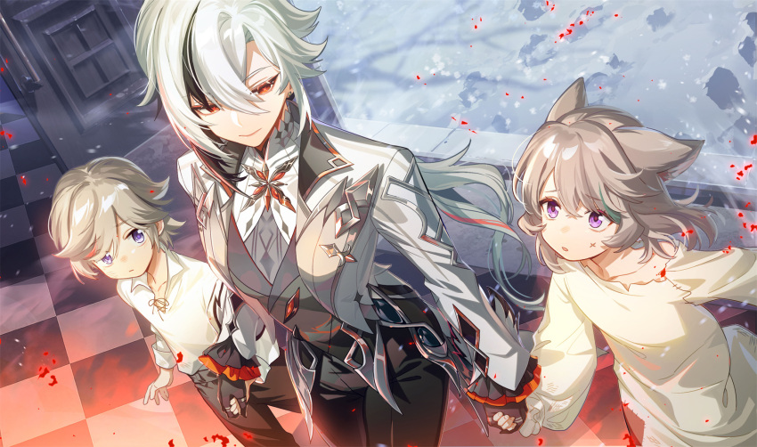 animal_ear_fluff animal_ears arlecchino_(genshin_impact) black_hair black_hands brother_and_sister cat_ears cat_girl closed_mouth colored_extremities dr.k genshin_impact grey_hair highres holding_hands long_hair long_sleeves looking_at_another lynette_(genshin_impact) lyney_(genshin_impact) multicolored_hair red_pupils redhead siblings streaked_hair symbol-shaped_pupils twins violet_eyes x-shaped_pupils