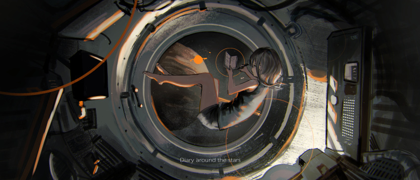 1girl absurdres book closed_mouth commentary_request english_text floating floating_hair grey_hair grey_shirt highres holding holding_book lemtun medium_hair original scenery shirt short_hair shorts sleeveless sleeveless_shirt solo space space_station writing