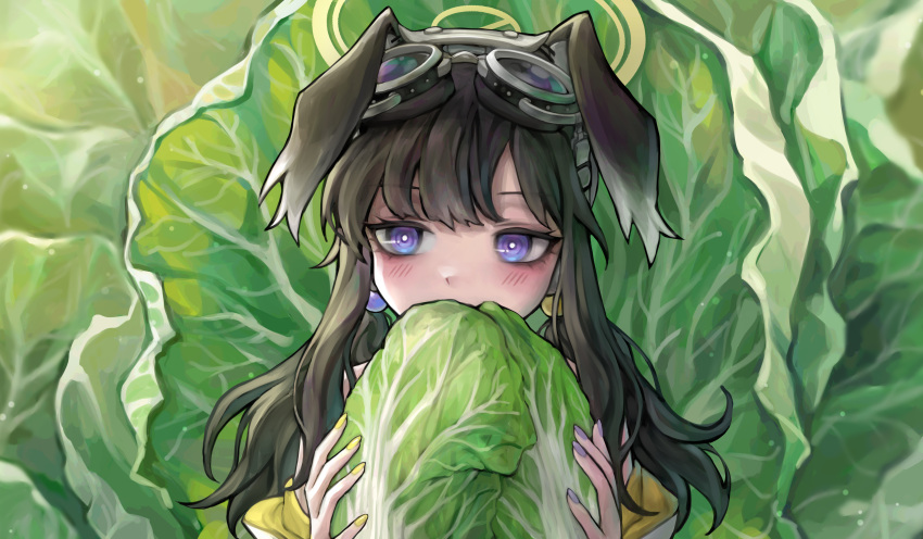 1girl absurdres animal_ears bags_under_eyes bare_shoulders black_hair blue_archive blurry blurry_background bok_choy bright_pupils covering_own_mouth dog_ears food food-themed_background goggles goggles_on_head hair_bobbles hair_ornament hibiki_(blue_archive) highres holding holding_food jacket jiyuneva light_blush light_particles long_hair looking_to_the_side low_twintails multicolored_nails off_shoulder purple_nails sidelocks sunlight twintails upper_body violet_eyes white_pupils yellow_jacket yellow_nails
