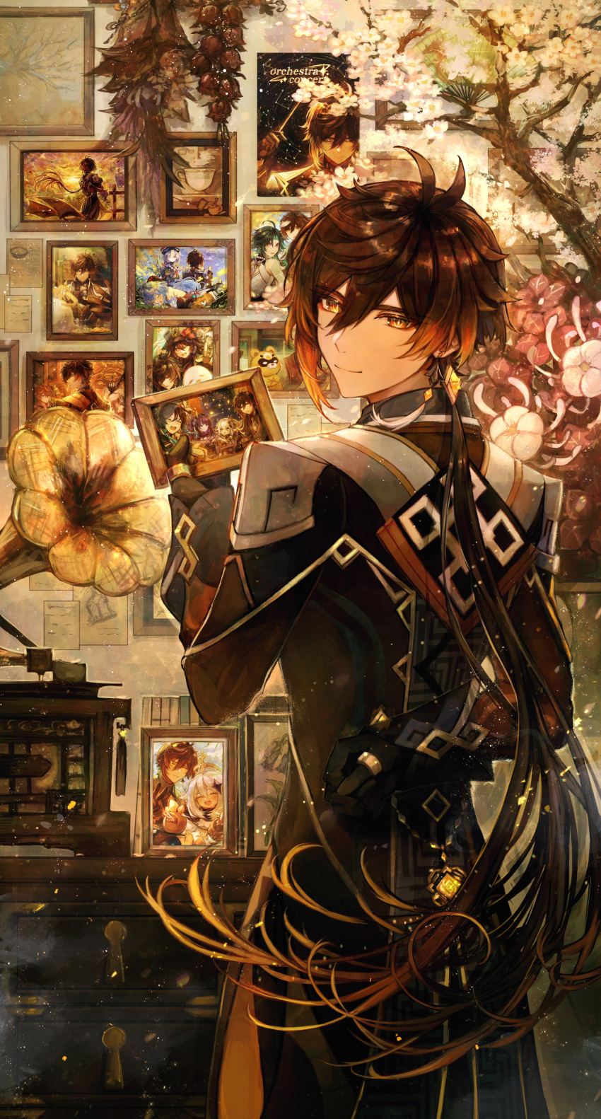 1boy absurdres black_gloves black_hair boo_tao_(genshin_impact) brown_hair closed_mouth coat cup earrings flower ganyu_(genshin_impact) genshin_impact gloves gradient_hair guoba_(genshin_impact) hair_between_eyes halo highres holding indoors jewelry long_hair long_sleeves looking_back male_focus multicolored_hair nahida_(genshin_impact) orange_eyes orange_hair paimon_(genshin_impact) paper phonograph photo_(object) pink_flower ponytail qiqi_(genshin_impact) raiden_shogun signora_(genshin_impact) single_earring solo tartaglia_(genshin_impact) tassel tassel_earrings tgf_pic venti_(genshin_impact) very_long_hair vision_(genshin_impact) white_flower xiao_(genshin_impact) zhongli_(genshin_impact)