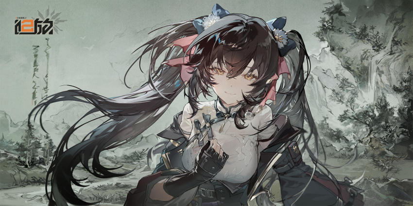 1girl black_gloves blue_bow bow breasts brown_hair chinese_clothes chinese_commentary copyright_name girls'_frontline_2:_exilium girls_frontline gloves hair_between_eyes hair_bow hand_on_own_chest highres logo long_hair looking_at_viewer official_art partially_fingerless_gloves red_bow smile solo straight-on twintails type_97_(girls'_frontline) upper_body yellow_eyes