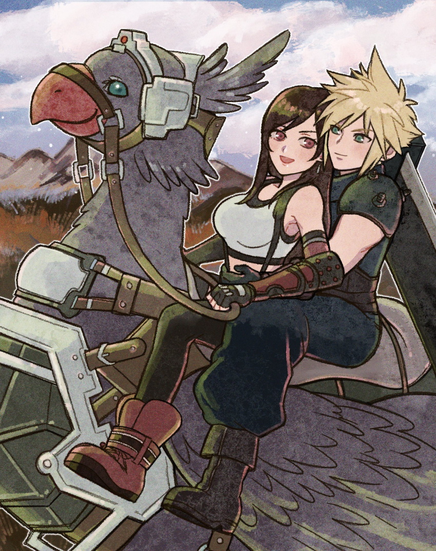 1boy 1girl armor baggy_pants bare_shoulders bird black_gloves black_hair black_skirt black_thighhighs blonde_hair blue_eyes blue_sky boots breasts buster_sword chocobo closed_mouth cloud_strife clouds cloudy_sky commentary_request couple crop_top earrings elbow_gloves final_fantasy final_fantasy_vii final_fantasy_vii_rebirth final_fantasy_vii_remake fingerless_gloves from_side gloves hand_on_another's_stomach highres holding holding_reins jewelry large_breasts light_blush long_hair looking_at_another midriff mountainous_horizon open_mouth outdoors pants red_eyes red_footwear reins rena_s1226 riding riding_animal short_hair shoulder_armor single_arm_guard single_earring sitting skirt sky sleeveless sleeveless_turtleneck smile spiky_hair suspender_skirt suspenders sweatdrop sweater tank_top thigh-highs tifa_lockhart turtleneck turtleneck_sweater weapon weapon_on_back white_tank_top