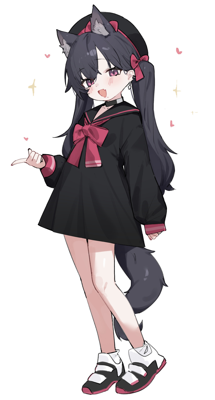 1girl :d absurdres animal_ear_fluff animal_ears bare_legs beret black_choker black_dress black_footwear black_hat black_sailor_collar blush bow bowtie cat_ears cat_girl cat_tail child choker clenched_hand collarbone commentary_request dress earclip earrings fang fenrir_(fenriluuu) full_body grey_hair grey_tail hair_between_eyes hair_bow hat hat_bow heart highres jewelry long_hair looking_at_viewer mole mole_under_mouth multicolored_footwear original pink_bow pink_bowtie pink_eyes pink_nails sailor_collar simple_background skin_fang smile solo sparkle standing tail twintails white_background white_footwear
