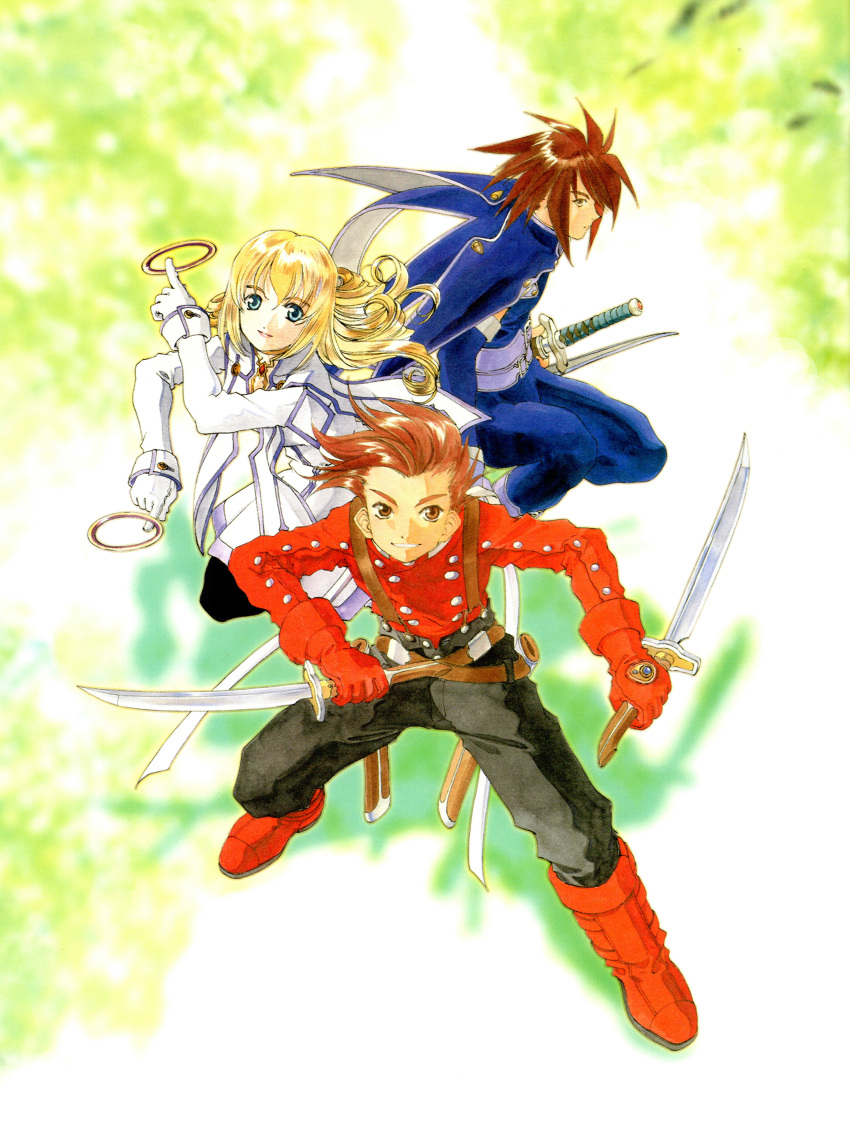 1girl 2boys absurdres belt black_pants blonde_hair blue_cape blue_eyes blue_pants blue_shirt boots brown_eyes brown_hair cape chakram colette_brunel detached_sleeves dress dual_wielding fighting_stance fujishima_kousuke full_body gem gloves highres holding holding_sword holding_weapon jacket jewelry kratos_aurion lloyd_irving long_hair long_sleeves looking_at_viewer multiple_belts multiple_boys neck_ring official_art pants pantyhose red_footwear red_gemstone red_gloves red_jacket red_lips ring scan sheath shirt sideways_glance smile spiky_hair suspenders sword tales_of_(series) tales_of_symphonia unsheathing weapon white_dress white_gloves