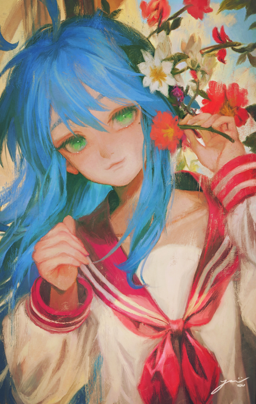 1girl absurdres ahoge blue_hair clouds collarbone commentary flower green_eyes hair_between_eyes highres holding holding_flower izumi_konata long_hair long_sleeves looking_at_viewer lucky_star mole mole_under_eye neckerchief red_neckerchief red_sailor_collar ryouou_school_uniform saik_you sailor_collar school_uniform serafuku signature sky smile solo symbol-only_commentary upper_body very_long_hair