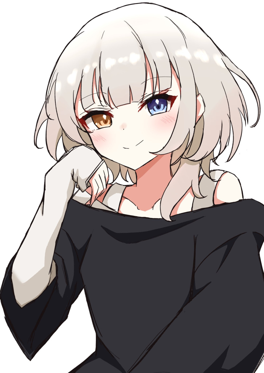 1girl bang_dream! bang_dream!_it's_mygo!!!!! black_shirt blue_eyes blush closed_mouth collarbone head_rest heterochromia highres kaname_raana layered_sleeves long_sleeves looking_at_viewer medium_hair off_shoulder shirt short_over_long_sleeves short_sleeves simple_background sleeves_past_wrists smile solo tunakou27 variant_set white_background white_hair white_shirt yellow_eyes