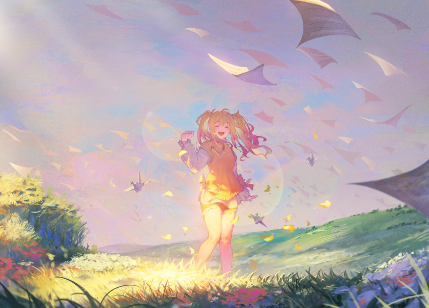 1girl :d absurdres arm_at_side bare_legs blonde_hair blush bush closed_eyes clouds cloudy_sky day facing_viewer falling_leaves floating flower gradient_hair grass hair_between_eyes hand_up highres hill knees_together_feet_apart landscape leaf light_rays long_sleeves mooofoo multicolored_hair nature open_mouth outdoors papers pink_hair project_sekai red_flower shadow shirt shorts sidelocks sky smile solo sweater_vest teeth tenma_saki twintails upper_teeth_only white_shirt wide_shot yellow_shorts yellow_sweater_vest