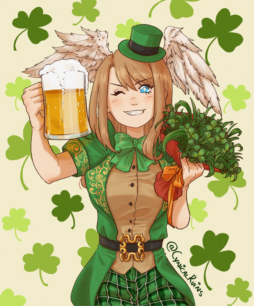 1girl absurdres artist_name aurora_(cynicalruins) beer_mug belt blue_eyes bouquet bow bowtie breasts bright_pupils clover commentary cup english_commentary eunie_(xenoblade) eyelashes floral_background glass green_bow green_bowtie green_flower hat head_wings highres holding holding_bouquet holding_cup large_breasts looking_at_viewer mug one_eye_closed saint_patrick's_day shamrock smile solo star-shaped_pupils star_(symbol) swept_bangs symbol-shaped_pupils teeth top_hat twitter_username white_pupils wings xenoblade_chronicles_(series) xenoblade_chronicles_3