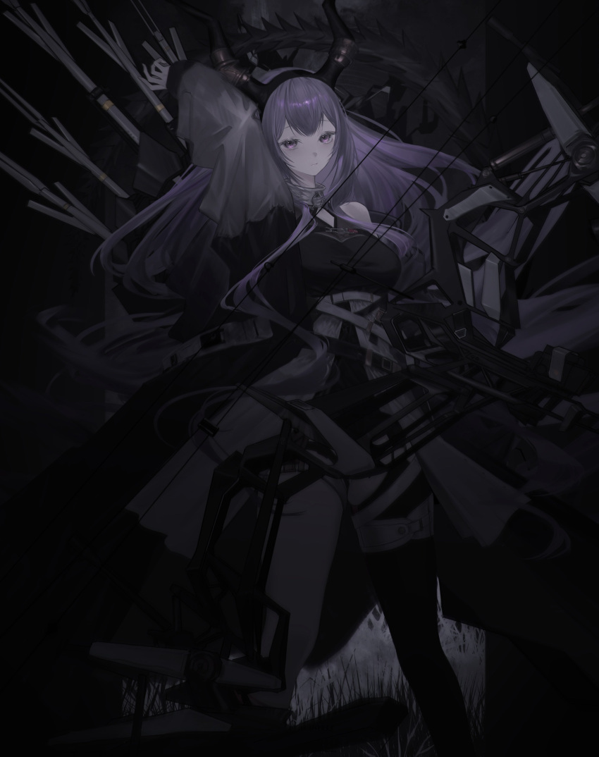 1girl :| absurdres arknights arm_up black_hairband black_horns black_shirt black_thighhighs bow_(weapon) breasts closed_mouth compound_bow dark drawing_arrow expressionless fake_horns feet_out_of_frame garter_straps hairband highres holding holding_bow_(weapon) holding_weapon horns jacket large_breasts long_hair looking_at_viewer off_shoulder open_clothes open_jacket pink_eyes purple_hair quiver shirt sidelocks single_thighhigh sleeveless sleeveless_shirt solo thigh-highs tsuji_yashiki typhon_(arknights) weapon white_jacket