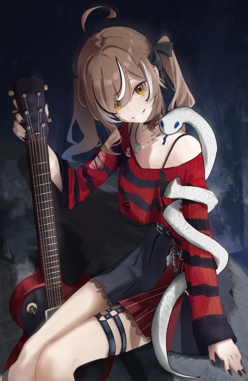 1girl absurdres ahoge bare_shoulders belt belt_chain black_belt black_choker black_hair black_nails black_sweater brown_eyes brown_hair chain choker commentary electric_guitar emo_fashion english_commentary guitar hair_intakes hair_over_one_eye hair_ribbon heart heart_choker highres holding holding_instrument hololive hololive_english huge_ahoge instrument jewelry lace-trimmed_choker lace-trimmed_skirt lace_trim long_hair looking_at_viewer messy_hair multicolored_hair nanashi_mumei nanashi_mumei_(emo) necklace neratul off_shoulder official_alternate_costume official_alternate_hairstyle plaid plaid_skirt pleated_skirt red_sweater ribbon runes sidelocks skirt sleeves_past_wrists smile snake spaghetti_strap streaked_hair striped_clothes striped_sweater sweater sweater_partially_tucked_in swept_bangs teeth thigh_strap torn_clothes torn_sleeves torn_sweater twintails two-tone_sweater virtual_youtuber white_hair
