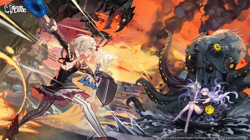 2girls animal_ear_headwear april_fools arm_up azur_lane bare_legs black_dress black_panties blonde_hair blush breasts card clenched_teeth crossed_legs curly_hair drawing_(object) dress duel duel_disk duel_monster facing_viewer fiery_background fire floating floating_hair frilled_dress frills from_behind from_side full_body glowing_card half-closed_eyes hand_on_own_knee hankuri hermes_(azur_lane) high_heels highres holding holding_card long_hair looking_at_another mecha medium_hair midair monster multiple_girls non-web_source observer_alpha_(azur_lane) ocean official_art outdoors outstretched_arm panties parody red_eyes rigging robot rudder_footwear serious siren_(azur_lane) sitting small_breasts smug splashing standing standing_on_liquid striped_clothes striped_panties striped_thighhighs sunset teeth thigh-highs underwear upskirt vertical-striped_clothes vertical-striped_thighhighs very_long_hair white_hair wing_hair_ornament yellow_eyes