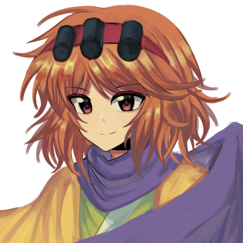 1other absurdres closed_mouth commentary green_kimono guhai2023 hair_rollers hairband highres japanese_clothes kimono len'en looking_at_viewer orange_hair orange_sleeves purple_scarf red_eyes red_hairband scarf short_hair smile solo symbol-only_commentary transparent_background upper_body zuifeng_tenkai