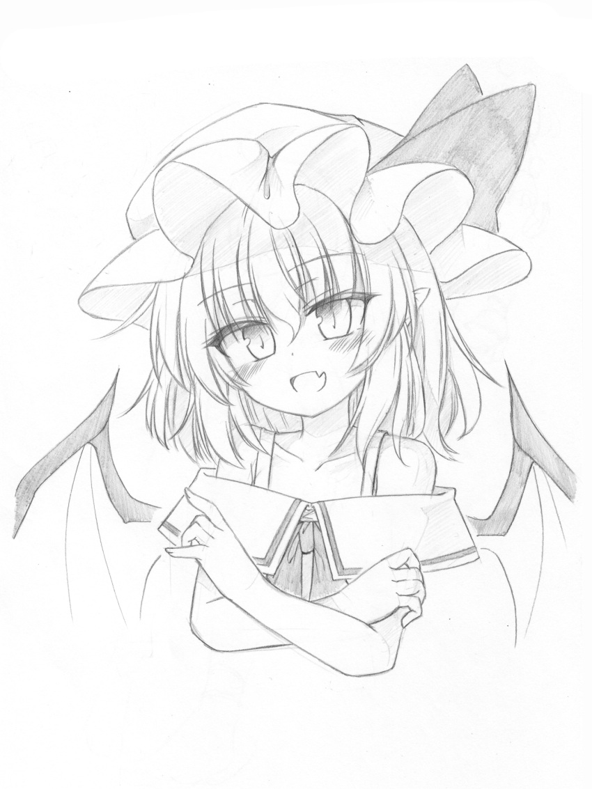 1girl bare_shoulders blush collarbone fang flandre_scarlet graphite_(medium) greyscale hair_between_eyes hat head_tilt highres marukyuu_ameya mob_cap monochrome open_mouth sketch skin_fang solo touhou traditional_media upper_body wings