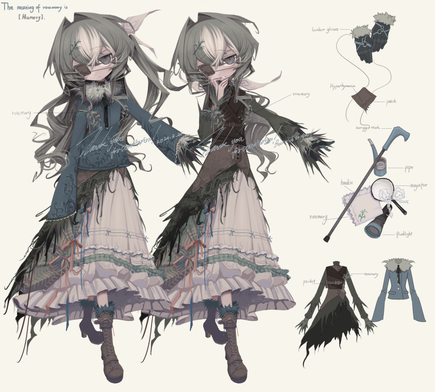 1girl absurdres blue_jacket blue_shirt boots brown_dress brown_footwear brown_hair colored_eyepatch commission dress eyepatch frilled_dress frills gloves grey_eyes grey_hair highres jacket long_hair meyou_0319 multicolored_clothes multicolored_dress multicolored_hair original reference_sheet shirt solo streaked_hair