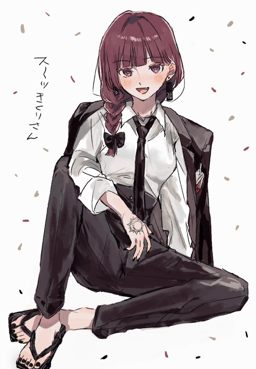 1girl alcohol_carton alternate_costume black_jacket black_nails black_necktie black_pants bocchi_the_rock! bow braid braided_ponytail breasts collared_shirt confetti earrings enu_(brandnewday02) fang hair_bow hand_tattoo highres hiroi_kikuri jacket jacket_on_shoulders jewelry knee_up long_hair long_sleeves looking_at_viewer necktie open_mouth pants purple_hair sandals shirt shirt_tucked_in simple_background sitting small_breasts smile solo tattoo translation_request violet_eyes white_background