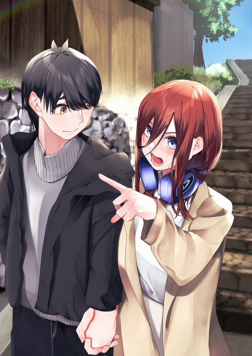 1boy 1girl alternate_costume antenna_hair black_hair blue_eyes blush brown_coat brown_hair casual closed_mouth coat commentary couple cowboy_shot dating day enpera eyebrows_hidden_by_hair go-toubun_no_hanayome grey_sweater hair_between_eyes hair_over_one_eye headphones headphones_around_neck hetero highres holding_hands imananashi index_finger_raised interlocked_fingers long_hair long_sleeves looking_afar looking_at_another lower_teeth_only nakano_miku open_mouth outdoors pointing pointing_forward shirt short_hair side-by-side smile stairs straight_hair sweater teeth turtleneck turtleneck_sweater uesugi_fuutarou v-shaped_eyebrows white_shirt wide_sleeves yellow_eyes