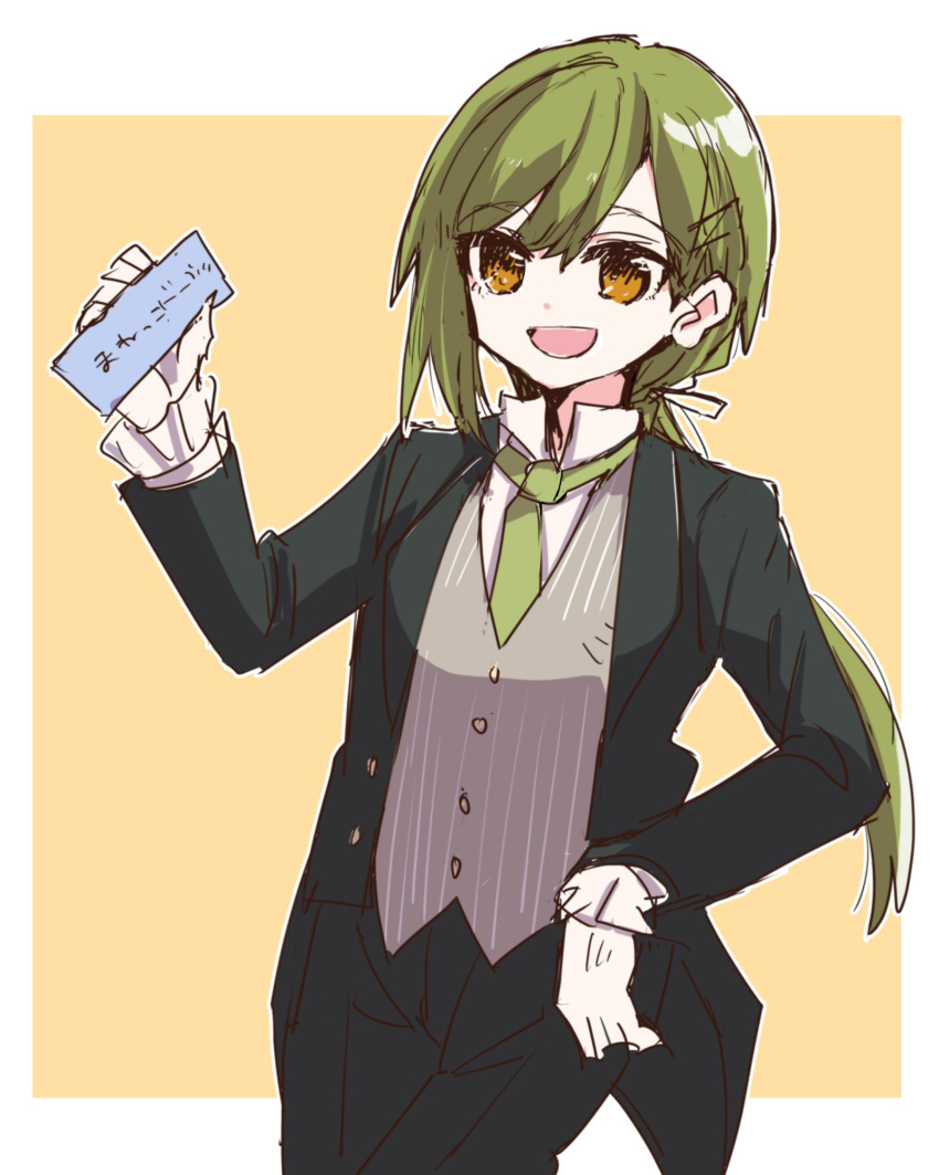 1girl :d black_suit border brown_vest butler commentary_request cowboy_shot female_butler formal gloves green_hair green_necktie hair_ornament hairclip hand_on_own_hip hand_up highres holding holding_paper kanduki_kamibukuro link!_like!_love_live! long_hair looking_at_viewer love_live! low_ponytail necktie oogami_sachi open_mouth outline outside_border pant_suit pants paper shirt smile solo suit swept_bangs tailcoat vest white_border white_gloves white_outline white_shirt yellow_background