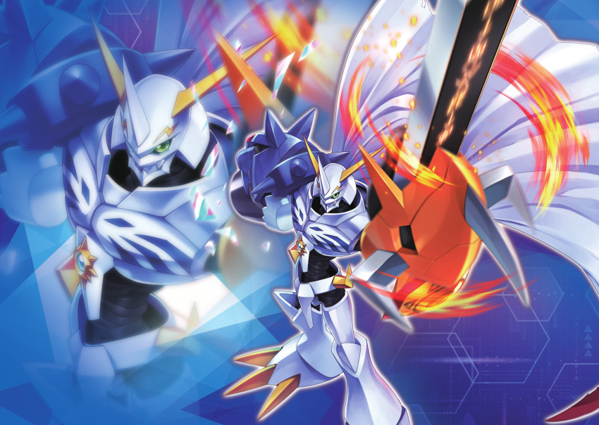 arm_blade arm_cannon armor blue_background cape digimon digimon_(creature) digimon_card_game emblem fire from_above green_eyes highres horns looking_at_viewer mecha multiple_heads no_humans omegamon robot shoulder_armor spikes sword tyuga weapon white_cape zoom_layer