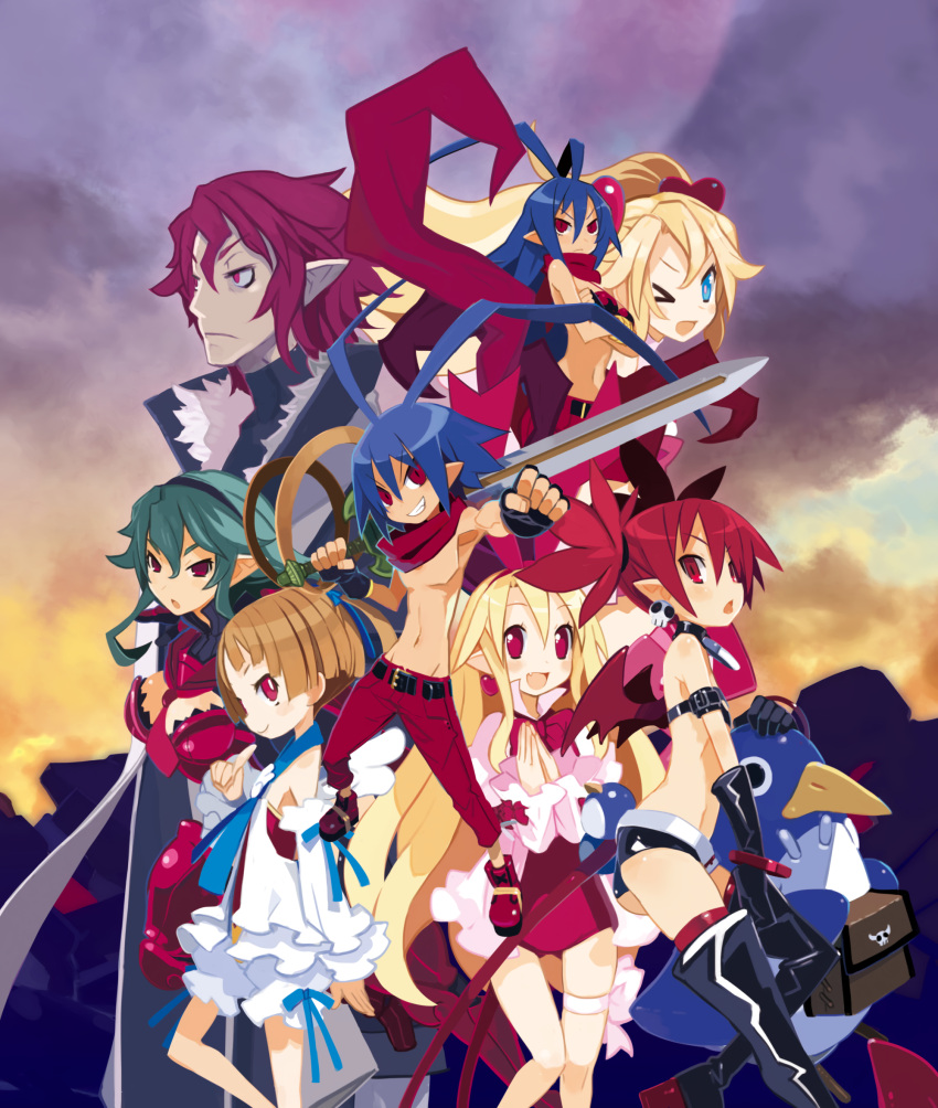 2boys 6+girls angel antenna_hair bad_source barbara_(disgaea) bare_legs bat_wings black_gloves blonde_hair bloomers blue_eyes blue_hair brown_hair demon_boy demon_girl disgaea disgaea_d2 dual_persona etna_(disgaea) fallen_angel flonne flonne_(fallen_angel) genderswap genderswap_(mtf) gloves green_hair harada_takehito highres laharl laharl-chan leotard multiple_boys multiple_girls non-web_source official_art one_eye_closed outdoors photoshop_(medium) pointy_ears prinny pure_flonne red_eyes red_leotard redhead scarf sicily_(disgaea) sword topless_male twintails underwear weapon white_bloomers wings xenolith