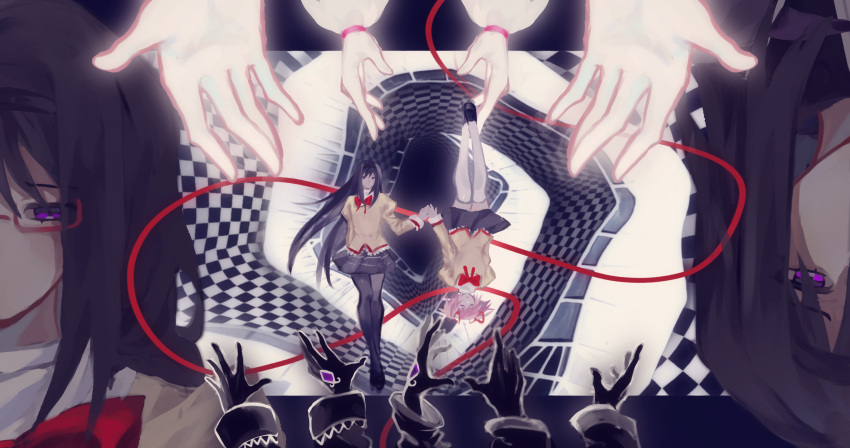 4girls abstract_background absurdres akemi_homura arm_behind_back black_footwear black_hair black_hairband black_pantyhose black_skirt bow bowtie checkered_background chinese_commentary closed_eyes commentary_request gloves hair_ribbon hairband highres holding_hands jacket juliet_sleeves kaname_madoka loafers long_hair long_sleeves mahou_shoujo_madoka_magica mahou_shoujo_madoka_magica_(anime) mitakihara_school_uniform molanjie53568 multiple_girls multiple_persona pantyhose plaid plaid_skirt puffy_sleeves reaching red-framed_eyewear red_bow red_bowtie red_ribbon ribbon rotational_symmetry school_uniform semi-rimless_eyewear shoes short_hair short_twintails skirt thigh-highs twintails under-rim_eyewear violet_eyes white_gloves white_thighhighs yellow_jacket