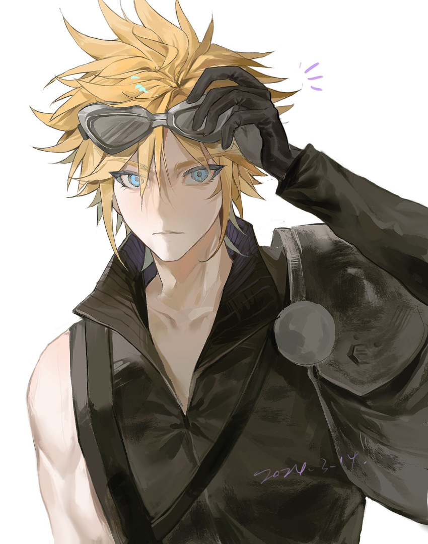 1boy adjusting_eyewear armor asymmetrical_sleeves black_vest blonde_hair blue_eyes cloud_strife commentary dated expressionless final_fantasy final_fantasy_vii final_fantasy_vii_advent_children goggles goggles_on_head hand_up high_collar highres looking_at_viewer male_focus notice_lines pauldrons short_hair shoulder_armor shoulder_strap simple_background single_pauldron solo spiky_hair upper_body vest westttt120 white_background