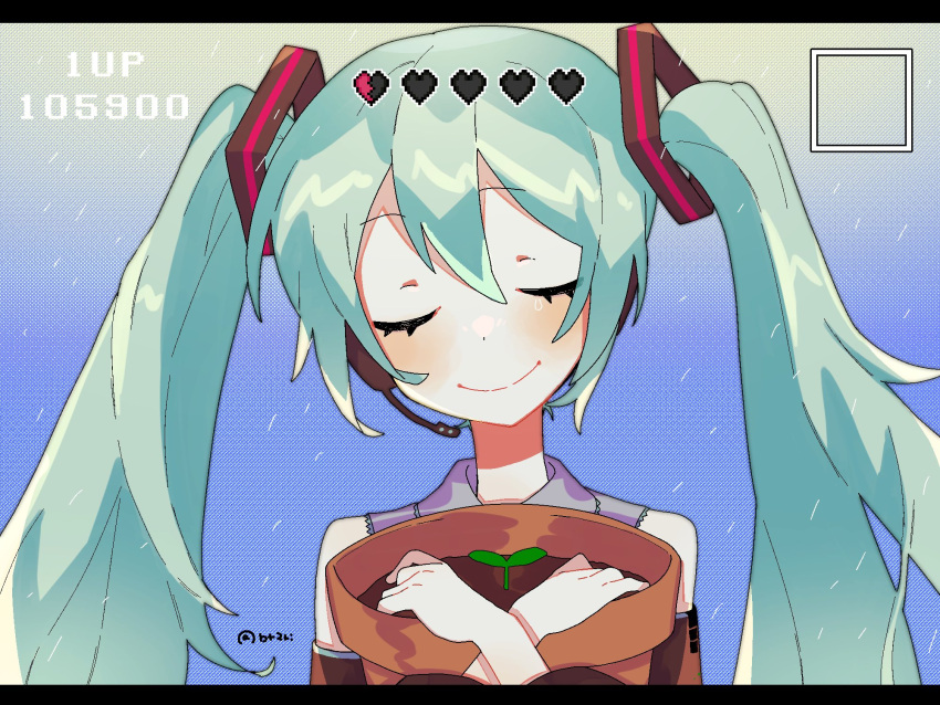 1girl 2funma2 aqua_hair bare_shoulders blush closed_eyes commentary detached_sleeves flower_pot gradient_background grey_shirt hatsune_miku heads-up_display headset health_bar hello_planet_(vocaloid) highres holding holding_flower_pot hugging_object long_hair plant potted_plant score shirt single_tear smile solo sprout twintails user_interface vocaloid