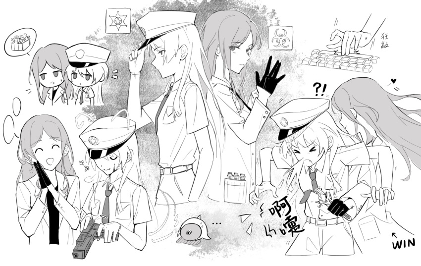 2girls ^_^ artist_request bang_dream! bang_dream!_it's_mygo!!!!! belt blood blood_on_face breasts chihaya_anon chinese_text closed_eyes closed_mouth commentary commission drawn_ears drawn_tail fang greyscale hat highres keyboard_(computer) long_hair monochrome multiple_girls nagasaki_soyo necktie police_hat putting_on_gloves second-party_source short_sleeves sidelocks small_breasts translation_request u_u