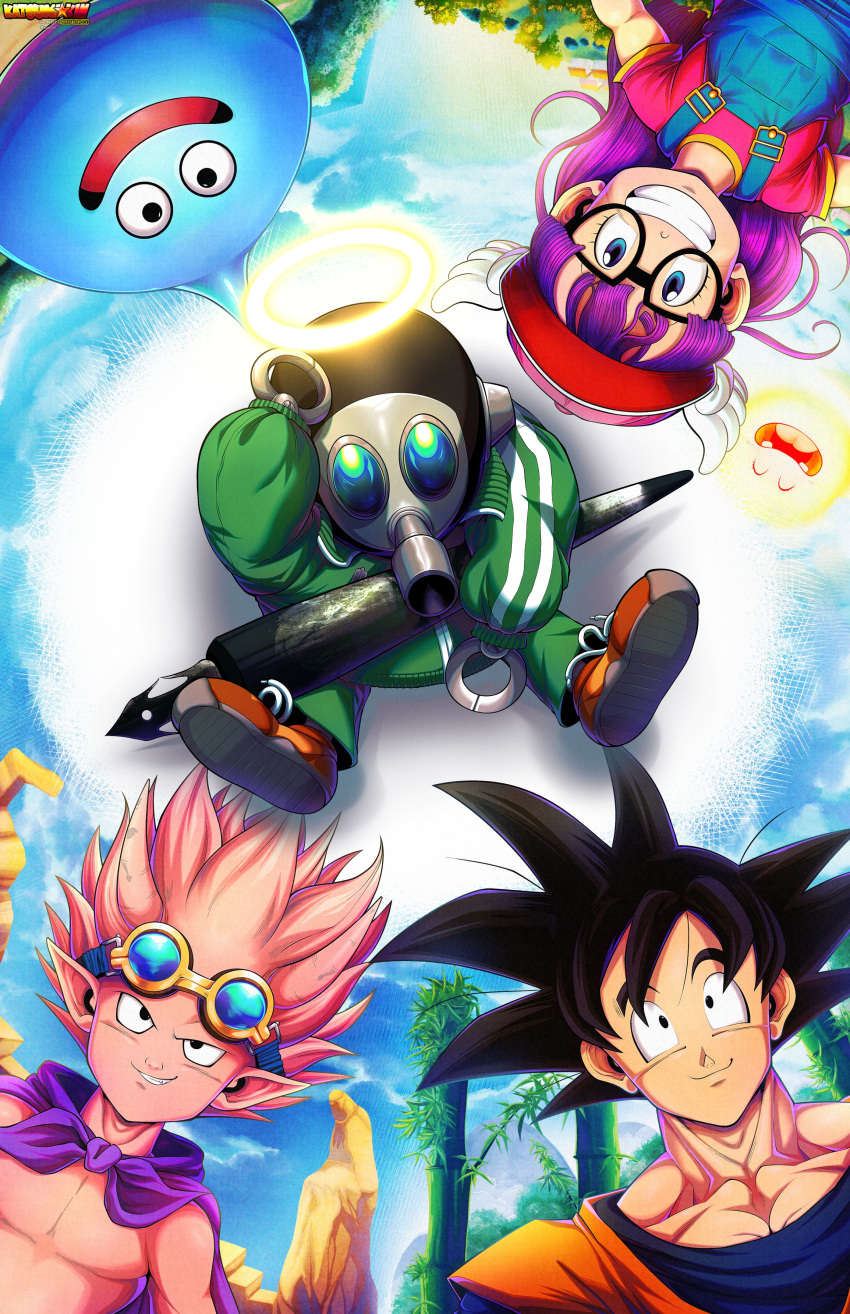 1girl 3boys absurdres artist_logo artist_name baseball_cap beelzebub_(sand_land) black_hair blue_eyes blue_overalls blue_shirt blue_skin cape colored_skin creator_connection demon dougi dr._slump dragon_ball dragon_ball_z english_commentary gas_mask goggles goggles_on_head green_jacket green_pants grin halo hat head_wings highres holding holding_pen horns jacket long_hair looking_up luxofthedawn mask medium_hair multiple_boys muscular muscular_male norimaki_arale orange_shirt overalls oversized_object pants pen pink_cape pink_hair pink_shirt pink_skin pointy_ears purple_hair robot sand_land shirt short_sleeves sleeveless sleeveless_shirt slime_(creature) slime_(dragon_quest) smile son_goku spiky_hair sun topless toriyama_akira_(character) twitter_username wings yellow_halo