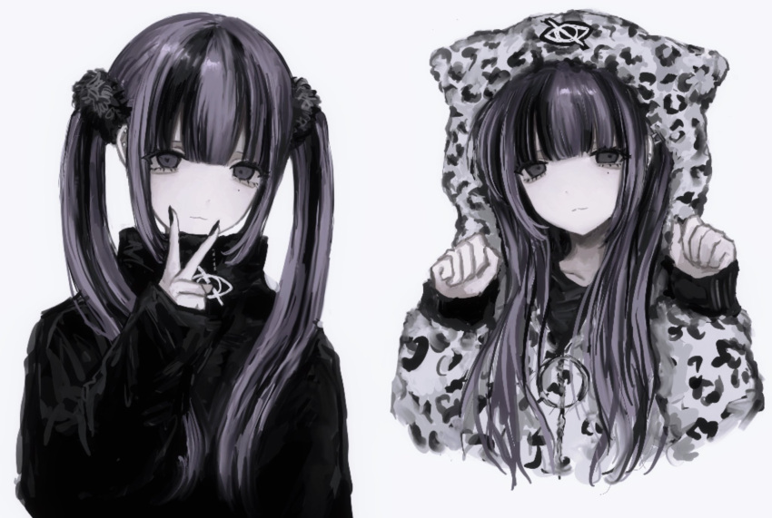 1girl animal_hood animal_print bad_id bad_twitter_id black_hair black_jacket black_nails blunt_bangs cat_hood chan8016 closed_mouth cropped_torso hand_up hands_up highres hood inactive_account jacket leopard_print long_hair long_sleeves looking_at_viewer mole mole_under_eye multicolored_hair multiple_views nail_polish original paw_pose purple_hair sidelocks smile streaked_hair twintails upper_body v v_over_mouth white_jacket