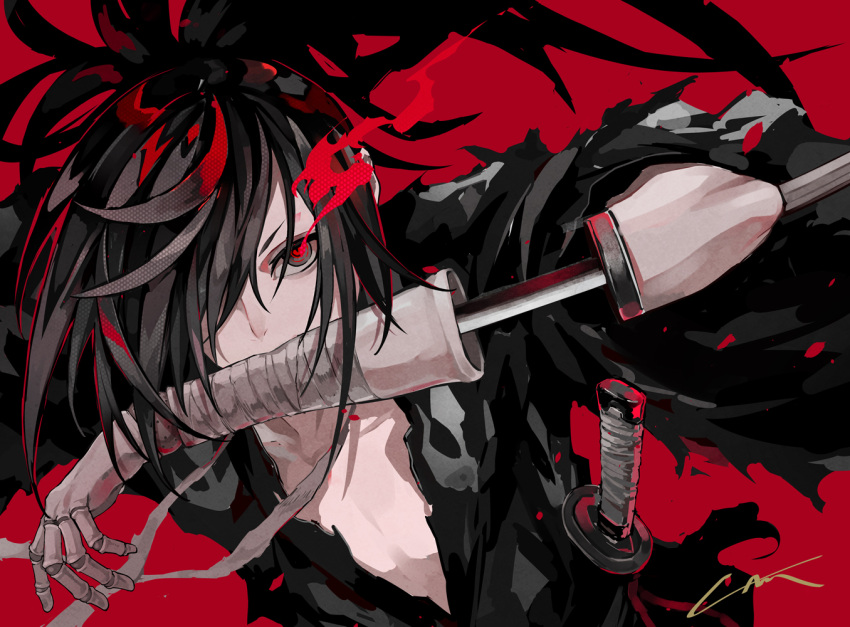 1boy amputee black_eyes black_hair commentary_request dororo_(tezuka) guest_art hair_over_one_eye hyakkimaru_(dororo) japanese_clothes katana kimono lam_(ramdayo) long_hair looking_at_viewer male_focus ponytail prosthesis prosthetic_arm red_background red_eyes solo sword weapon