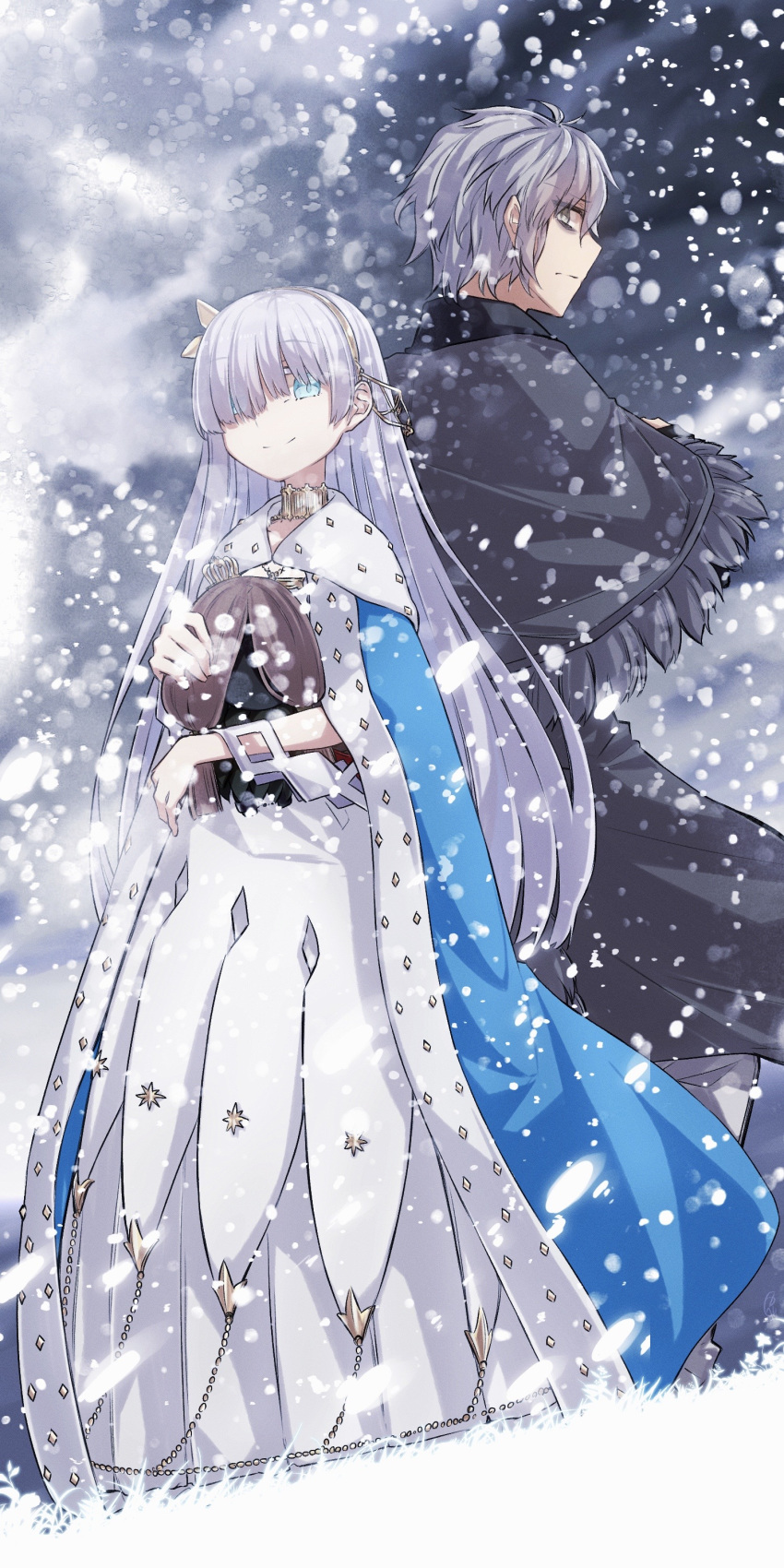 1boy 1girl absurdres anastasia_(fate) back-to-back black_jacket blue_cloak blue_eyes brown_hairband choker cloak commentary crown doll dress expressionless fate/grand_order fate_(series) full_body fur_trim grey_eyes grey_hair hair_over_one_eye hairband highres holding holding_doll jacket kadoc_zemlupus long_hair looking_at_viewer mini_crown royal_robe short_hair smile snowing standing very_long_hair viy_(fate) white_dress white_hair yubeshi_(zecxl)