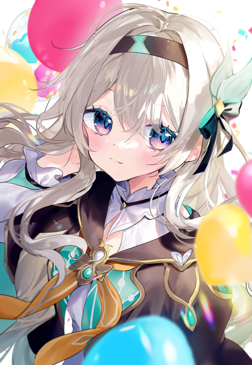 1girl balloon black_hairband black_jacket blue_pupils blush breasts closed_mouth cropped_jacket firefly_(honkai:_star_rail) gen_arare grey_hair hair_between_eyes hair_intakes hairband hand_up highres honkai:_star_rail honkai_(series) jacket long_hair looking_to_the_side medium_breasts neckerchief sidelocks solo tucking_hair two-tone_eyes violet_eyes white_background yellow_neckerchief