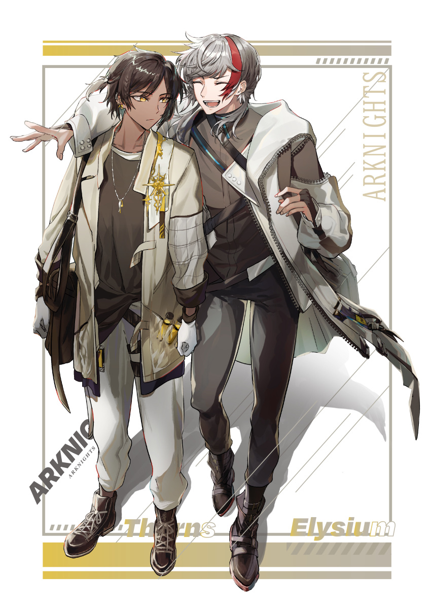 2boys absurdres arknights arm_around_shoulder black_footwear black_hair black_pants black_shirt border brown_coat character_name clenched_hand closed_eyes coat commentary copyright_name dark-skinned_male dark_skin denshoku_97 elysium_(arknights) full_body gloves grey_hair highres jewelry looking_at_another multicolored_hair multiple_boys necklace open_mouth pants redhead shirt short_hair simple_background smile streaked_hair thorns_(arknights) undershirt white_background white_coat white_gloves white_pants yellow_eyes