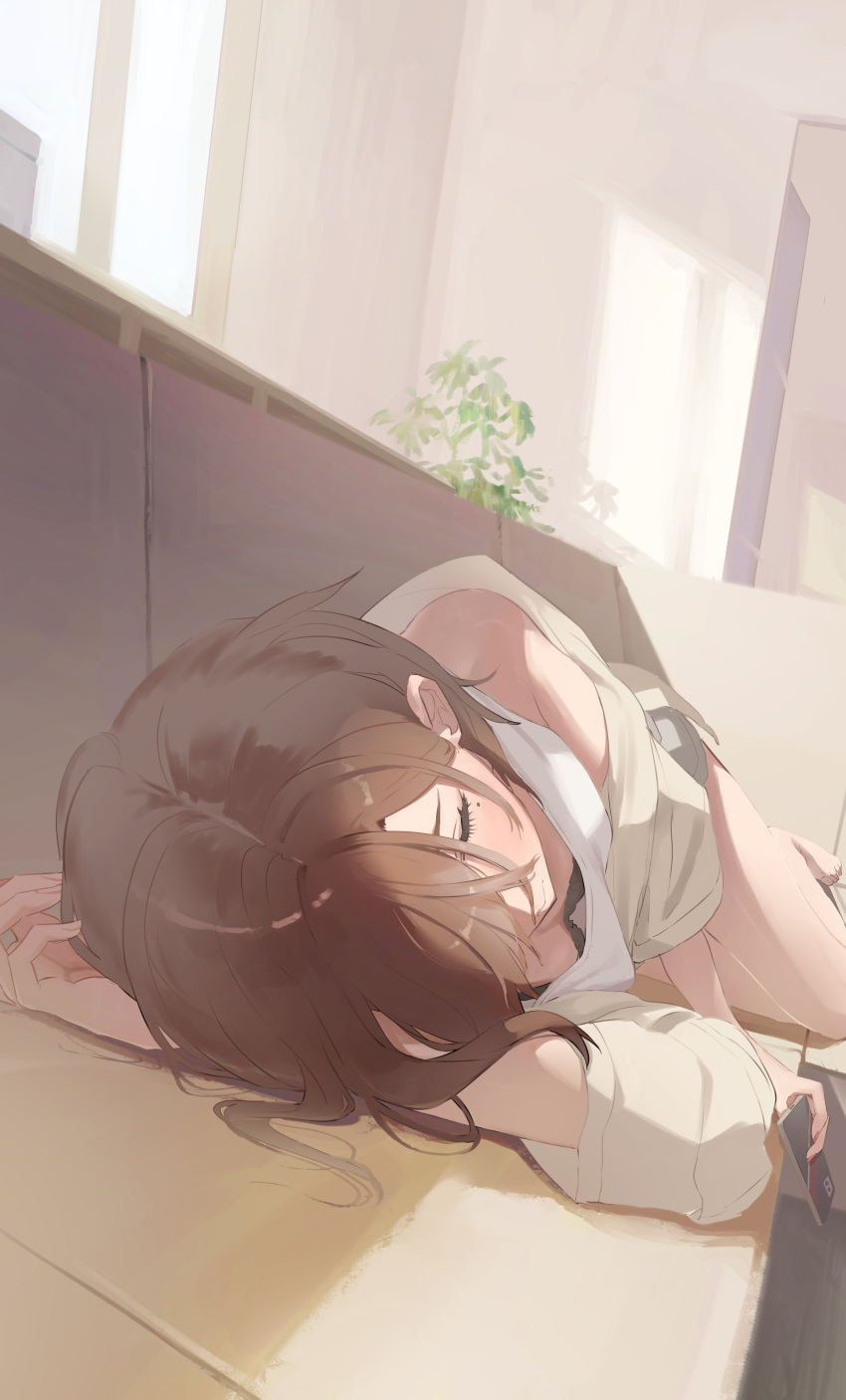 1girl absurdres bare_legs barefoot black_bra bra brown_hair closed_eyes closed_mouth commentary_request couch highres higuchi_madoka idolmaster idolmaster_shiny_colors indoors lying mole mole_under_eye on_side plant potted_plant shadow short_hair sleeping solo sunlight tank_top underwear uouokuma white_tank_top window