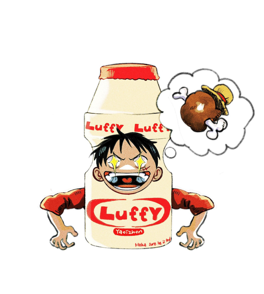 1boy black_hair boned_meat character_name drink english_text food foodification hat highres image_in_thought_bubble male_focus meat monkey_d._luffy one_piece scar scar_on_cheek scar_on_face short_hair simple_background smile solo sparkling_eyes straw_hat upper_body white_background yakult yaoizhen