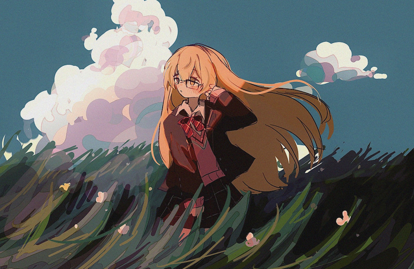 1girl arm_at_side black_jacket black_skirt blazer blonde_hair blue_sky bow bowtie clouds collared_shirt cowboy_shot cumulonimbus_cloud day floating_hair glasses grass hand_in_own_hair highres ienaga_mugi jacket landscape long_hair long_sleeves looking_to_the_side love_1_0_v_e miniskirt nature nijisanji open_clothes open_jacket outdoors pink_sweater plaid plaid_skirt pleated_skirt red_bow red_bowtie scenery shirt sidelocks skirt sky solo sweater tall_grass v-neck virtual_youtuber white_shirt wind yellow_eyes