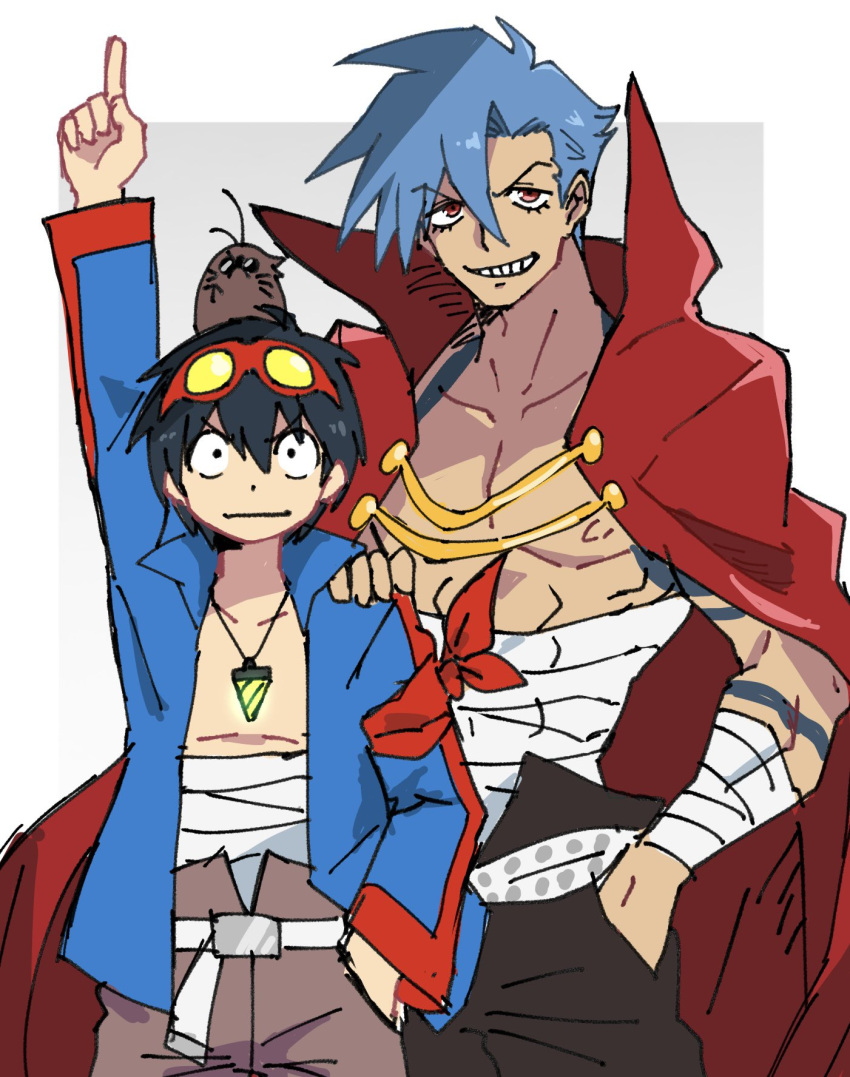 2boys animal animal_on_head arm_up bandaged_arm bandages black_hair blue_eyes blue_hair bodypaint boota_(ttgl) cape core_drill goggles goggles_on_head grin hand_in_pocket highres index_finger_raised jacket kamina_(ttgl) looking_at_viewer male_focus mole_(animal) multiple_boys on_head open_clothes open_jacket pants potomithu red_cape simon_(ttgl) smile spiky_hair tengen_toppa_gurren_lagann two-tone_background