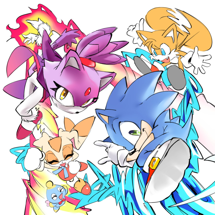 2boys 2girls animal_ears bad_id bad_twitter_id blaze_the_cat blue_eyes cat_ears cat_girl cat_tail cheese_(sonic) clenched_hand cream_the_rabbit dress fire forehead_jewel fox_boy furry furry_female furry_male gloves green_eyes highres looking_at_viewer multiple_boys multiple_girls orange_dress orange_fur pants pink_footwear ponytail purple_fur rabbit_ears rabbit_girl red_footwear simple_background smile sonic_(series) sonic_rush sonic_the_hedgehog tail tails_(sonic) white_background white_gloves white_pants yellow_eyes yotte_gg