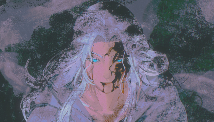 1girl bleeding_from_forehead blood blood_from_mouth blood_on_face blue_eyes chinese_commentary collarbone colored_eyelashes commentary_request final_fantasy final_fantasy_xiv grey_hair highres long_hair looking_at_viewer portrait smile solo venat_(ff14) wavy_hair yiliu920