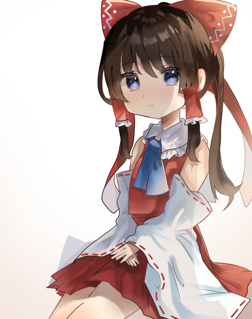 1girl ascot black_eyes black_hair bow detached_sleeves frilled_bow frilled_hair_tubes frills hair_bow hair_tubes hakurei_reimu highres long_hair own_hands_together ramochi red_bow red_skirt ribbon-trimmed_sleeves ribbon_trim sitting skirt skirt_set solo touhou yellow_ascot