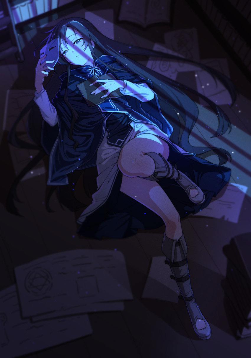 1girl absurdres black_hair blue_eyes blue_robe chubb commission diagram dim_lighting flat_chest full_body grey_footwear hair_between_eyes highres holding holding_mask knee_up lips long_bangs long_hair looking_at_viewer lying magic_circle mask mushoku_tensei nanahoshi_shizuka on_back on_floor open_mouth paper robe second-party_source shadow shirt skirt solo very_long_hair white_shirt white_skirt wooden_floor