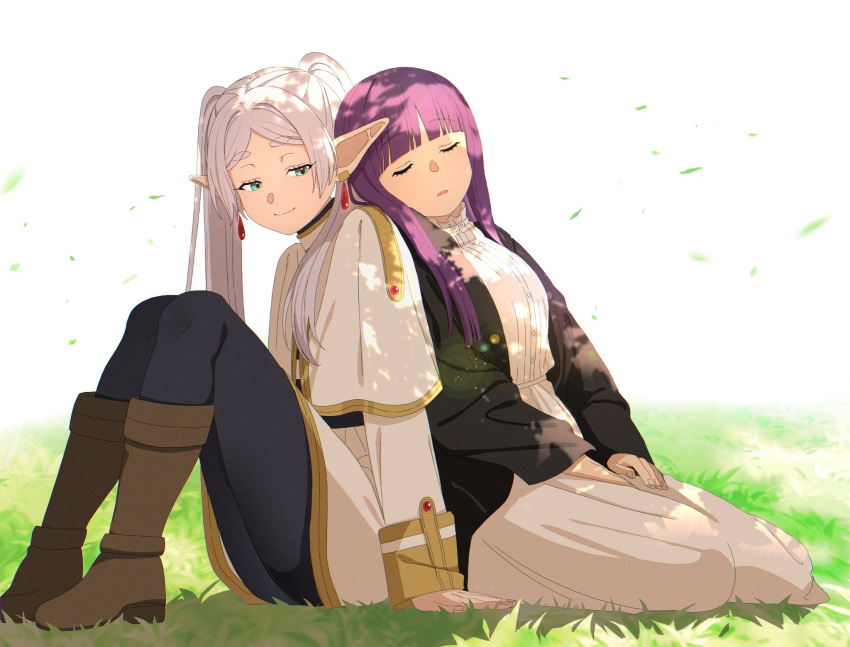2girls capelet closed_eyes dress earrings elf fern_(sousou_no_frieren) frieren grass green_eyes highres hikentai0112 jewelry long_hair long_sleeves looking_at_viewer lying multiple_girls official_style parted_bangs pointy_ears purple_hair sleeping smile sousou_no_frieren twintails white_dress white_hair