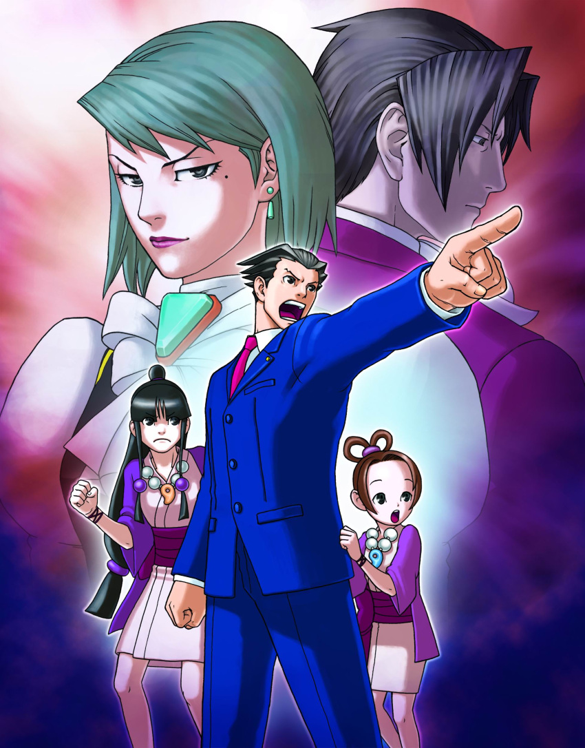 &gt;:( 2boys 3girls :o :| absurdres ace_attorney angry aqua_eyes aqua_hair archived_source ascot back-to-back bead_necklace beads black_eyes black_hair bow bracelet breasts brooch brown_hair business_suit buttons clenched_hand closed_mouth collared_shirt cousins earrings edaki_shin'ya flat_chest formal franziska_von_karma frown gem grey_hair hair_ornament hair_rings half_updo highres japanese_clothes jewelry kimono legs_apart lipstick long_hair long_sleeves looking_down looking_to_the_side low-tied_long_hair magatama makeup maya_fey miles_edgeworth mole mole_under_eye multiple_boys multiple_girls necklace necktie obi official_art open_clothes outline outstretched_arm pants pearl_fey phoenix_wright pocket pointing profile puffy_sleeves sash scan shirt shirt_tug short_hair short_kimono shouting sidelocks small_breasts spiky_hair standing suit surprised swept_bangs topknot v-shaped_eyebrows very_long_hair vest