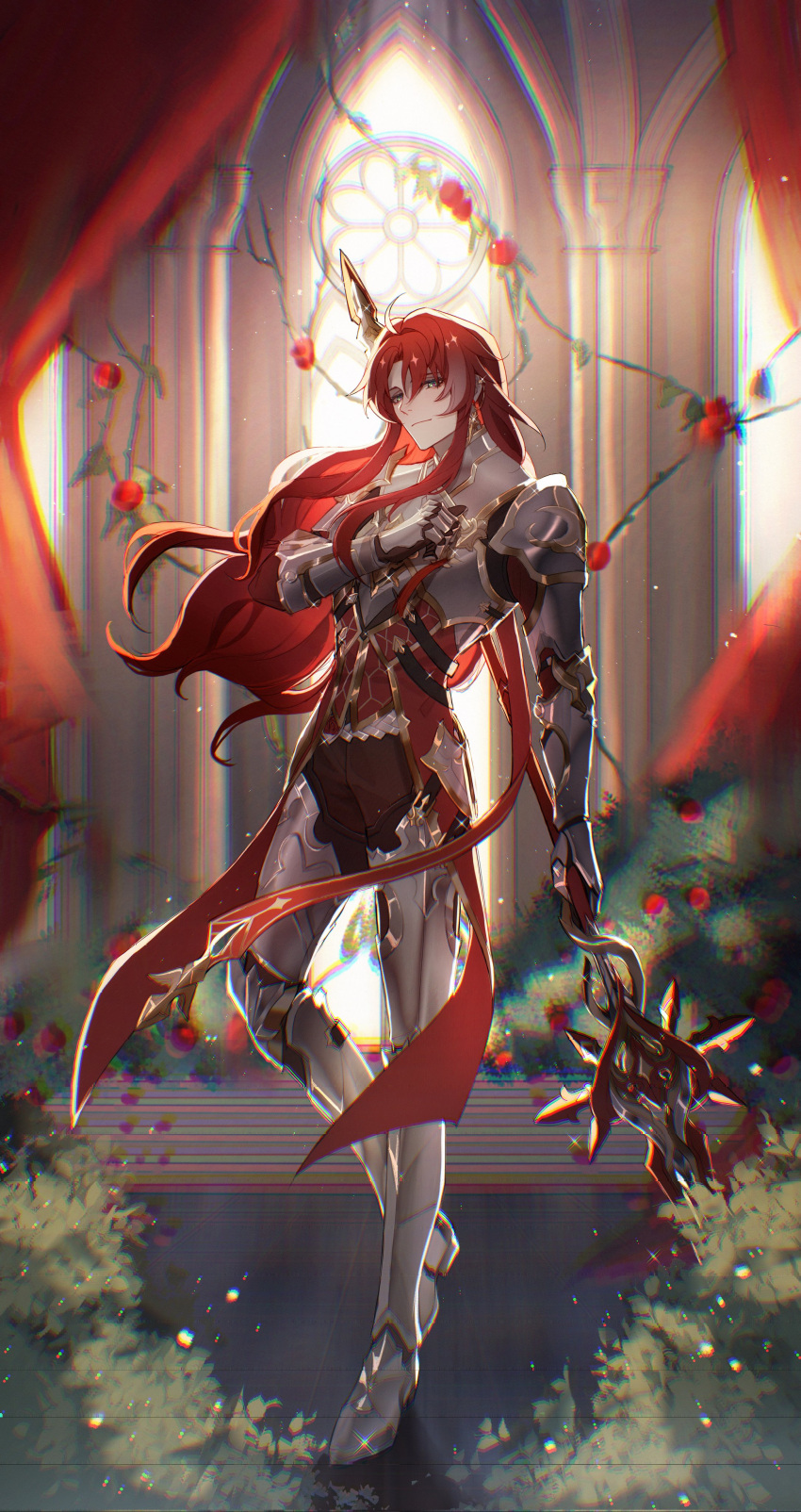 1923rash 1boy absurdres argenti_(honkai:_star_rail) armor closed_mouth flower full_body green_eyes highres holding holding_polearm holding_weapon honkai:_star_rail honkai_(series) long_hair looking_at_viewer male_focus polearm red_flower red_rose redhead rose shoulder_armor solo weapon