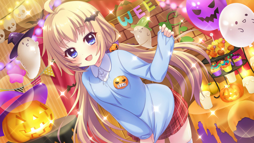 1girl ahoge balloon bat_(animal) bat_hair_ornament black_hat blue_eyes blue_shirt blush breasts brick_wall candle cupcake dot_nose dutch_angle film_grain food game_cg ghost green_hat hair_ornament hair_scrunchie halloween hat itsumura_haruka izumi_tsubasu jack-o'-lantern jack-o'-lantern_hair_ornament kindergarten_uniform leaning_forward lens_flare light_brown_hair long_hair long_sleeves low_twintails medium_breasts name_tag non-web_source official_art open_mouth plaid plaid_skirt purple_hat purple_scrunchie re:stage! red_curtains red_skirt scrunchie shirt shirt_tug sidelocks skirt skull smile solo sparkle star_balloon string_of_flags string_of_light_bulbs table tablecloth thigh-highs tiered_tray translated twintails white_thighhighs witch_hat zettai_ryouiki