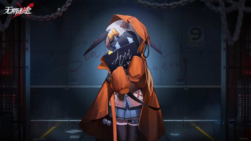 1girl against_wall bandaid black_thighhighs blue_bow blue_skirt bow cardigan chain character_name coat copyright_name covered_face cowboy_shot hands_up helmet highres holding holding_sign hood hood_up hooded_coat indoors logo lynn_(path_to_nowhere) miniskirt mugshot official_art official_wallpaper open_clothes open_coat orange_coat path_to_nowhere pink_bow pink_cardigan pleated_skirt prison_cell prison_clothes sign skirt sleeves_past_fingers sleeves_past_wrists solo space_helmet thigh-highs thigh_bow white_helmet yellow_bow zettai_ryouiki |_|
