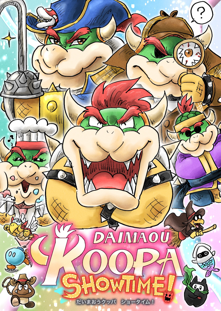 ? blooper_(mario) bob-omb bowser bracelet chef_hat coat colored_skin cosplay cowboy_hat detective detective_peach fangs food food_on_face goomba green_scarf hat highres holding holding_magnifying_glass horns ice_skates jewelry kamek kicdon koopa_troopa kung_fu_peach magnifying_glass male_focus mermaid_costume mighty_peach ninji open_mouth parody patissiere_peach piranha_plant princess_peach princess_peach:_showtime! princess_peach_(cosplay) scarf skates solid_oval_eyes sparkle spiked_bracelet spikes super_mario_bros. swordfighter_peach title_parody trench_coat wide_sleeves wings witch_hat yellow_skin